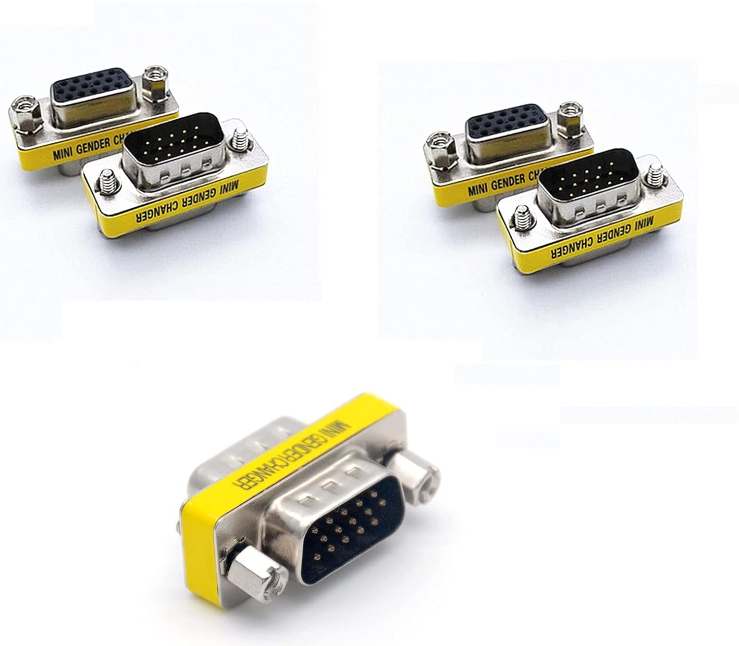 3-Piece VGA Gender Changer Combo - HD15 SVGA Adapters (Female to Female, Female to Male, Male to Male) - Mini Coupler Set