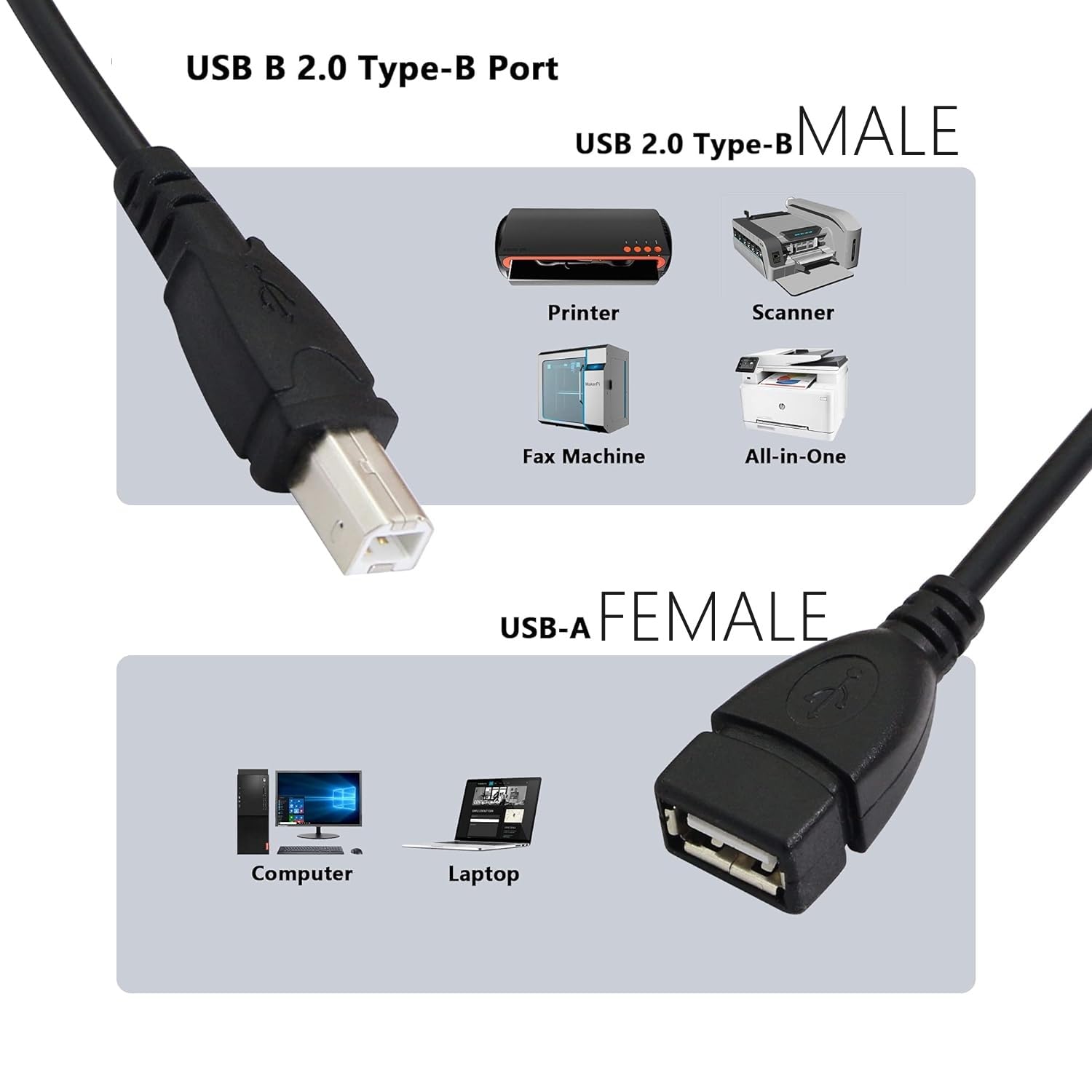 15 CM Cable ; USB 2.0 Type A Female to USB B Male Plug [ 1 Piece ] (Printer Scanner) Adapter (Can't Work to Convert Printer as WiFi Enabled or Bluetooth Enabled)