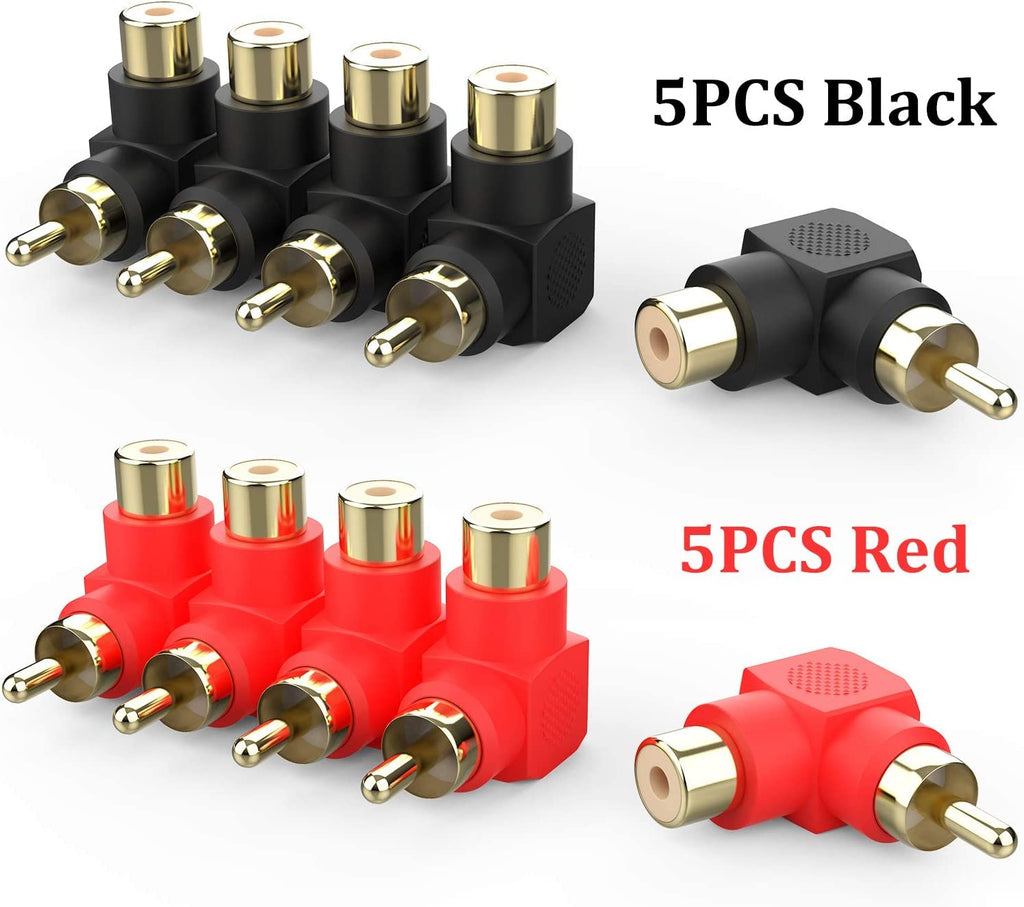 [ 10 Pieces ] L Shape 90 Degrees Angle Audio Video RCA Male to Female Coupler Adapter, Gold Plated RCA male to Female Connectors