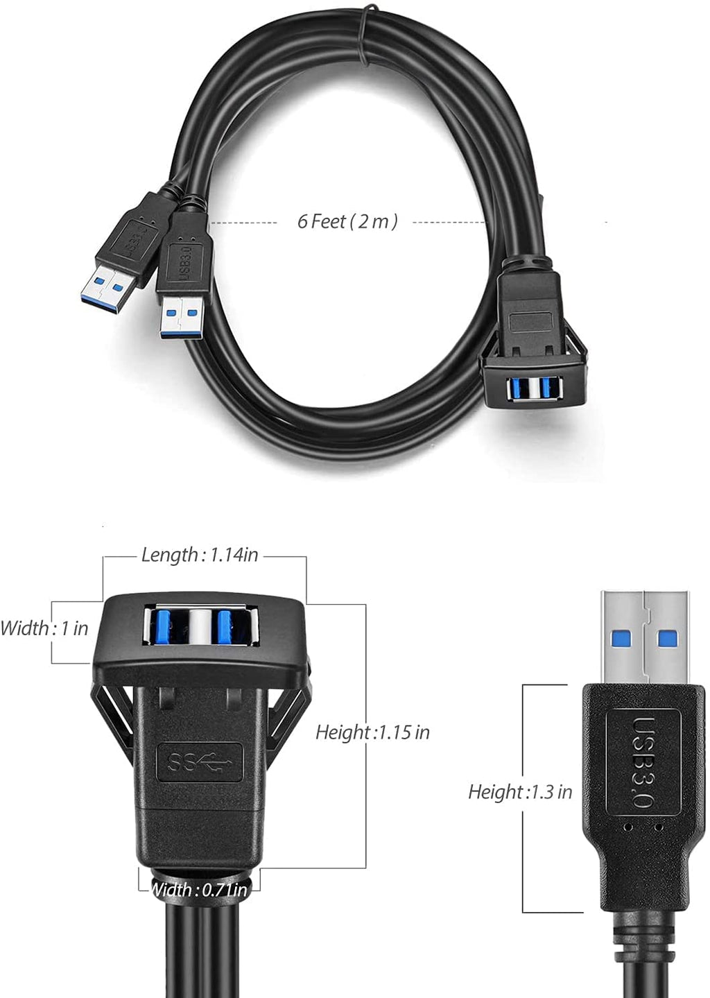[ 1 Meter ] USB 3.0 Flush Mount Cable, Dual USB Flush Dash Panel Mount Cable Male to Female Extension Code for Car Truck Boat Motorcycle Dashboard ; Dual USB 3.0