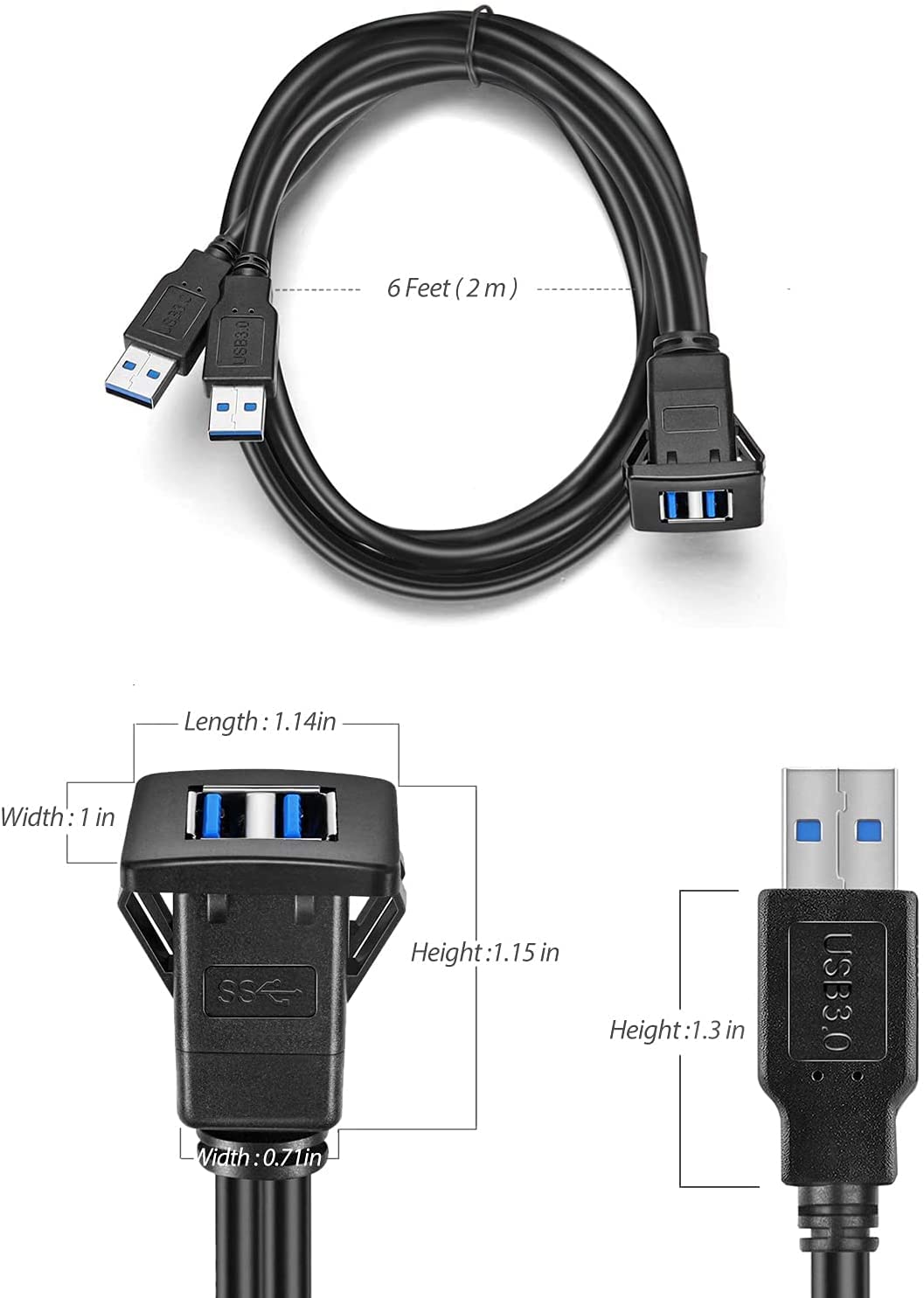 [ 1 Meter ] USB 3.0 Flush Mount Cable, Dual USB Flush Dash Panel Mount Cable Male to Female Extension Code for Car Truck Boat Motorcycle Dashboard ; Dual USB 3.0