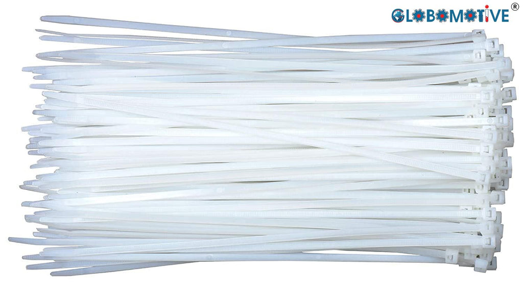 GLOBOMOTIVE Teeth Grip Nylon Self Locking Cable Ties, White (100 mm x 2.5 mm, 4 inch, Pack of 100) - Heavy Duty Strong Zip Wire Fastener Organizer Tie