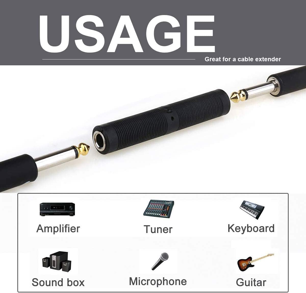 [ 1 Piece 6.35mm (1/4in) Female to Female 6.35mm (1/4") TRS Stereo and Mono Jack Adapter Joiner, 6.35 MM to 6.35 MM Female Connector