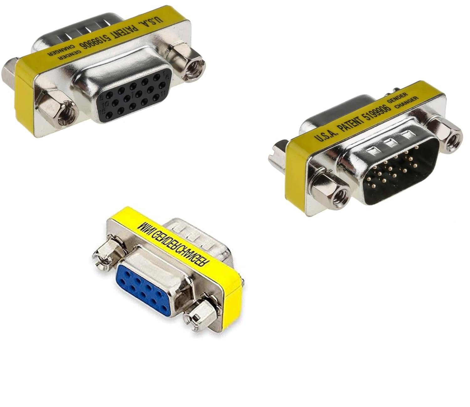 3-Piece VGA Gender Changer Combo - HD15 SVGA Adapters (Female to Female, Female to Male, Male to Male) - Mini Coupler Set