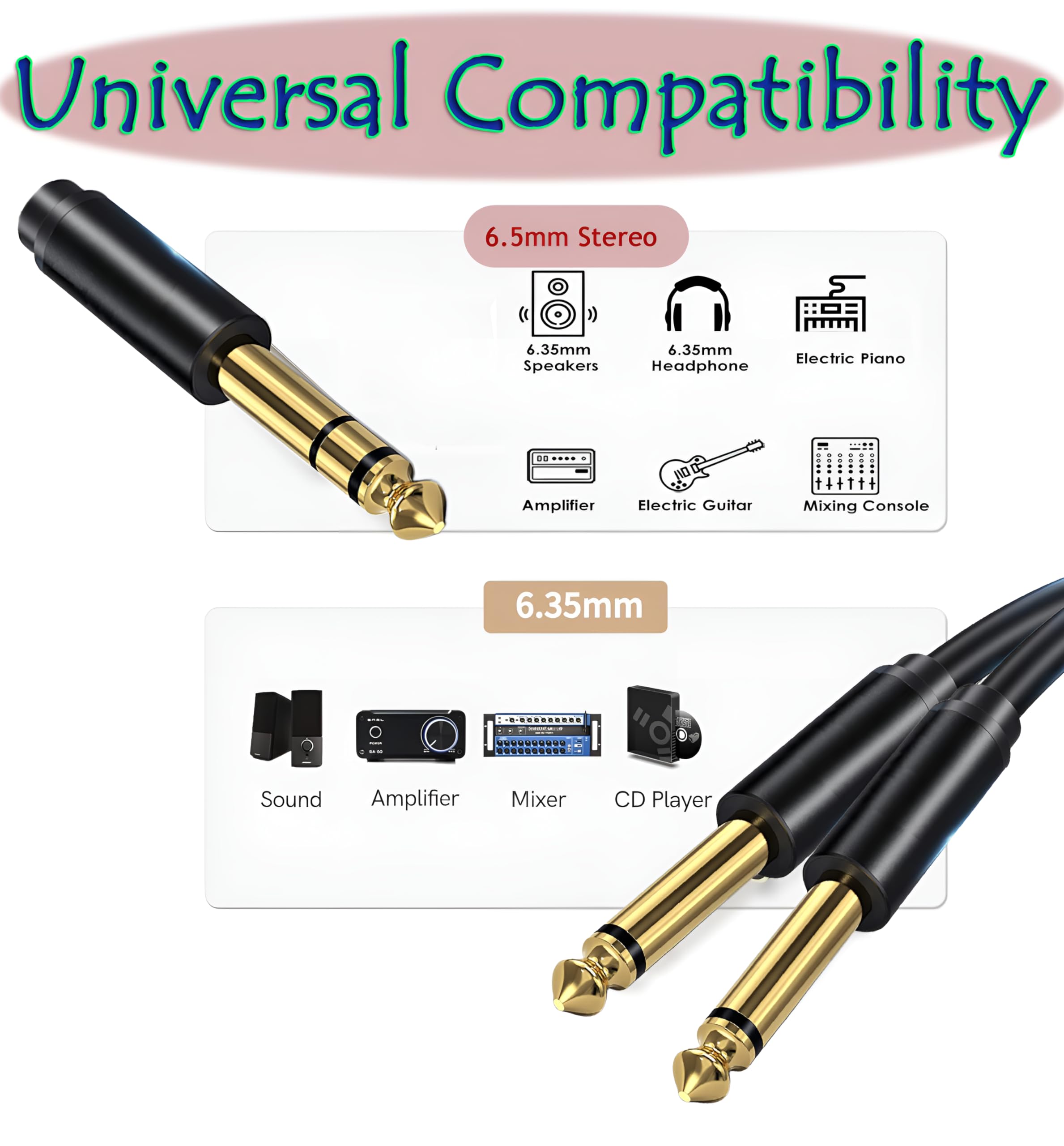 [ 1.5 Meter ] 3.5mm Stereo Female to 2 Ports 6.35 Male Mono Cable, 3.5mm 1/8 TRS Female to Dual 6.35mm 1/4 TS Male Stereo to Mono Y Splitter Cable, 3.5 Female to 2 Ports 6.35 Male Mono Cable