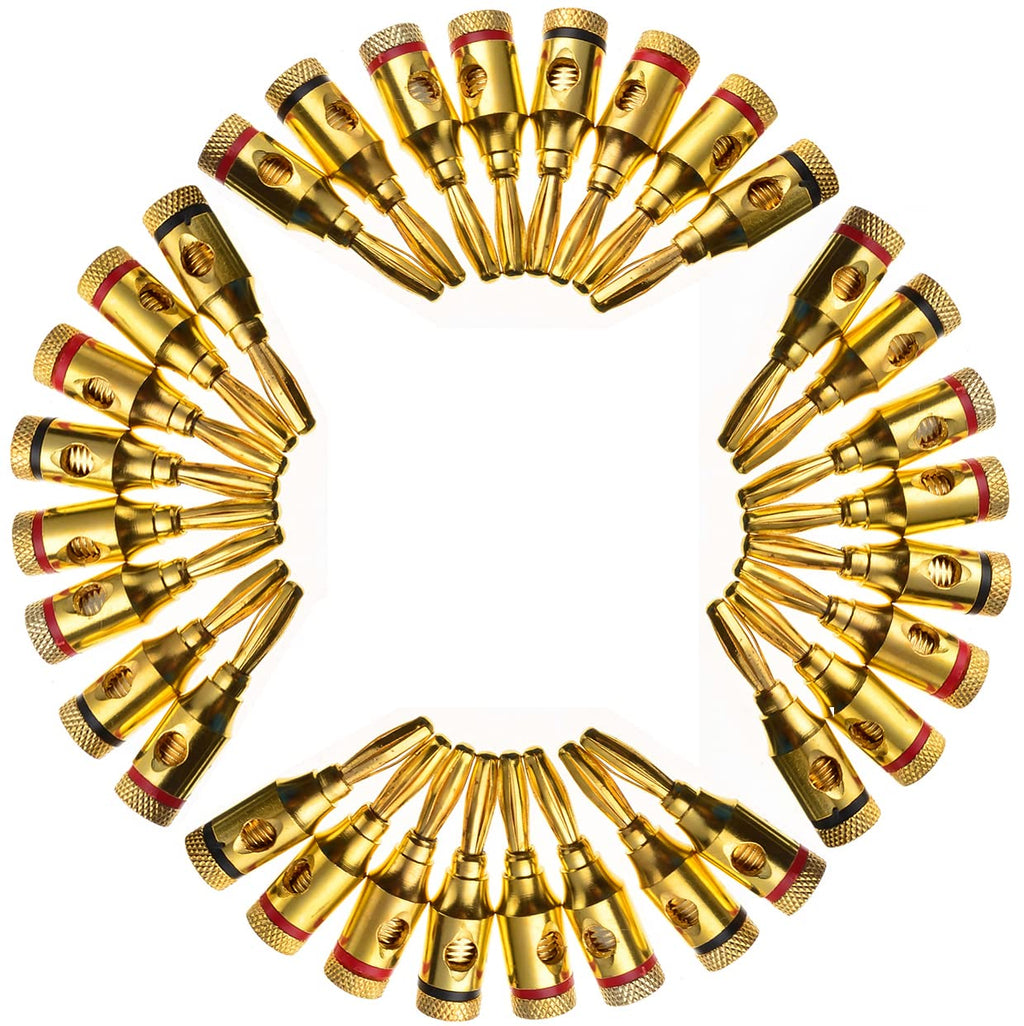 [ 4 Pairs - 8 Pieces (4 BLACK + 4 RED) ] Banana AUDIO Connector Plug ; Open Screw Type used with Speaker Wire, Home Theater ; 24K Gold-Plated Banana Audio Connectors