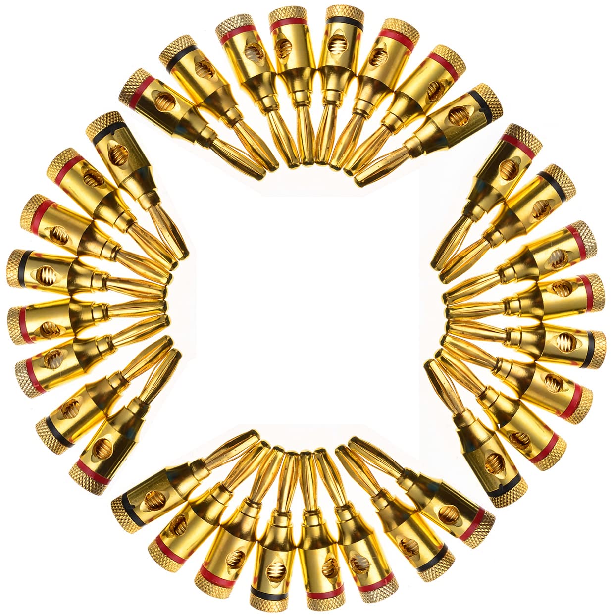 [ 4 Pairs - 8 Pieces (4 BLACK + 4 RED) ] Banana AUDIO Connector Plug ; Open Screw Type used with Speaker Wire, Home Theater ; 24K Gold-Plated Banana Audio Connectors