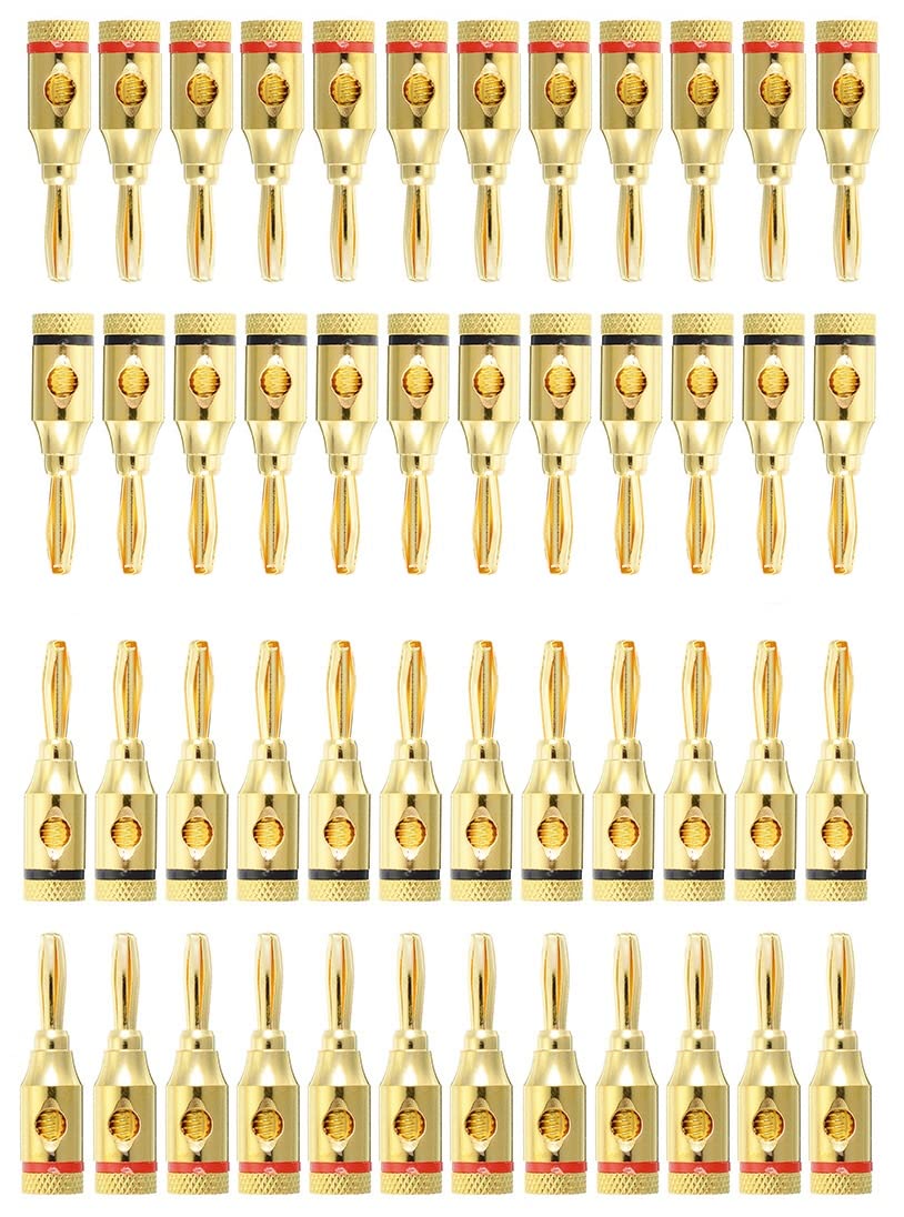 [ 4 Pairs - 8 Pieces (4 BLACK + 4 RED) ] Banana AUDIO Connector Plug ; Open Screw Type used with Speaker Wire, Home Theater ; 24K Gold-Plated Banana Audio Connectors