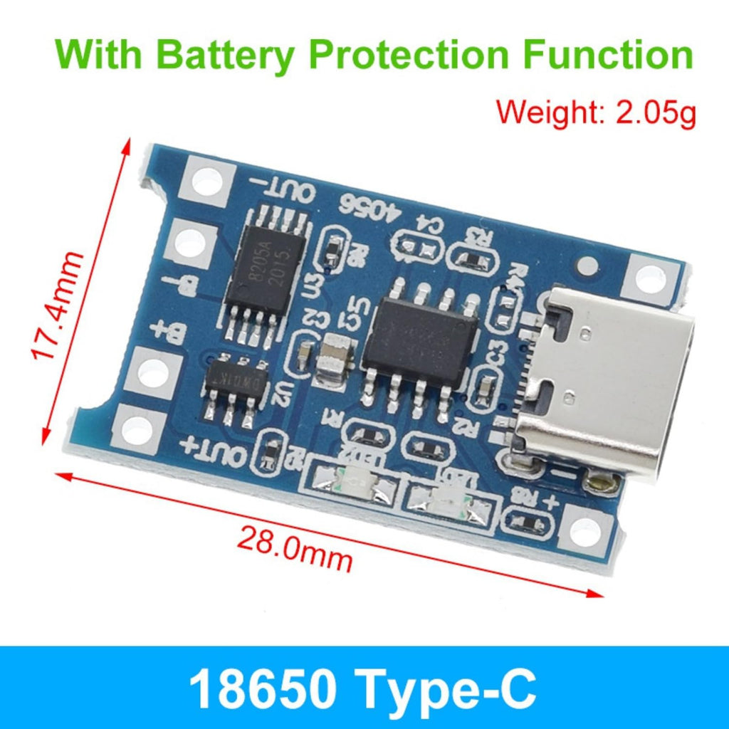 TP4056 C-Type 18650 Lithium-ion Battery Charging Module with Inbuilt BMS and Indicator 2Pcs