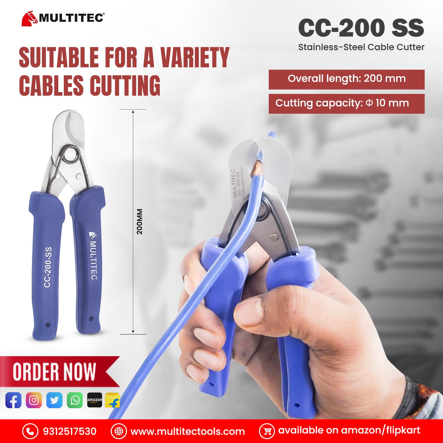 MULTITEC MT-02 Dx – Multifunction Copper Wire Stripper and Cutter | Ergonomic Grip | Strips 0.5mm² - 6mm² Solid Copper Wires | Electrical Maintenance Tool | Smooth Operation | Lightweight – 400g