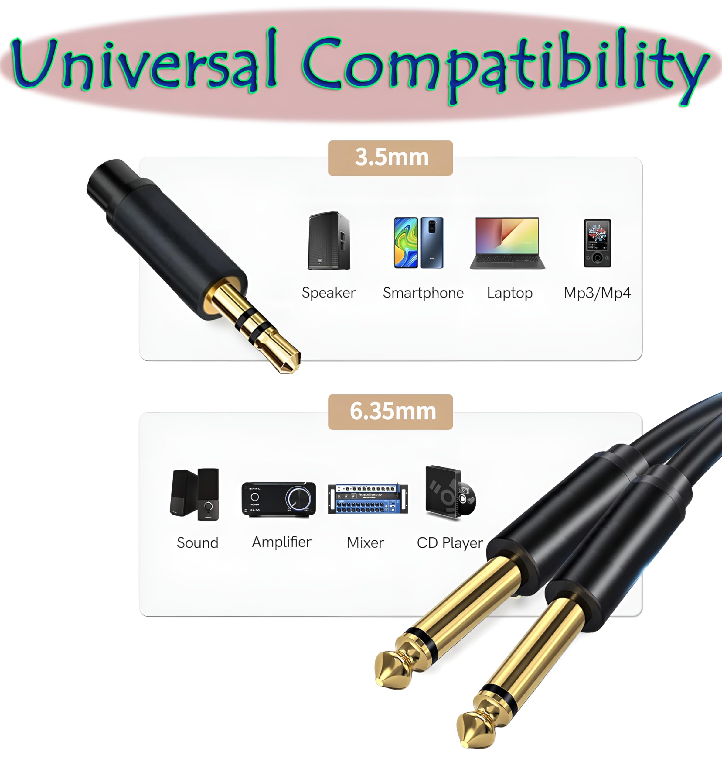 [ 1.5 Meter ] 3.5mm Stereo Female to 2 Ports 6.35 Male Mono Cable, 3.5mm 1/8 TRS Female to Dual 6.35mm 1/4 TS Male Stereo to Mono Y Splitter Cable, 3.5 Female to 2 Ports 6.35 Male Mono Cable