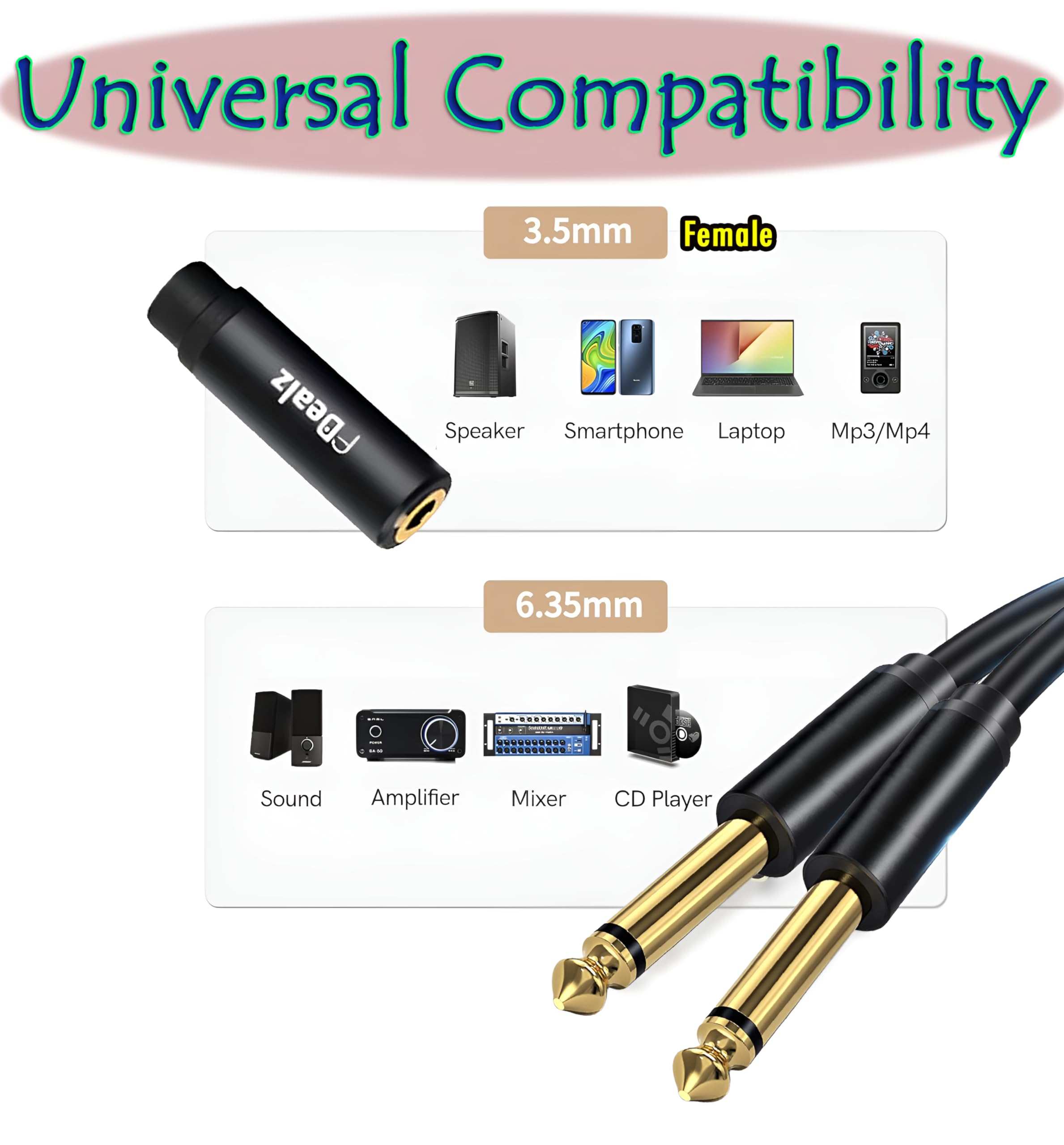 [ 1.5 Meter ] 3.5mm Stereo Female to 2 Ports 6.35 Male Mono Cable, 3.5mm 1/8 TRS Female to Dual 6.35mm 1/4 TS Male Stereo to Mono Y Splitter Cable, 3.5 Female to 2 Ports 6.35 Male Mono Cable