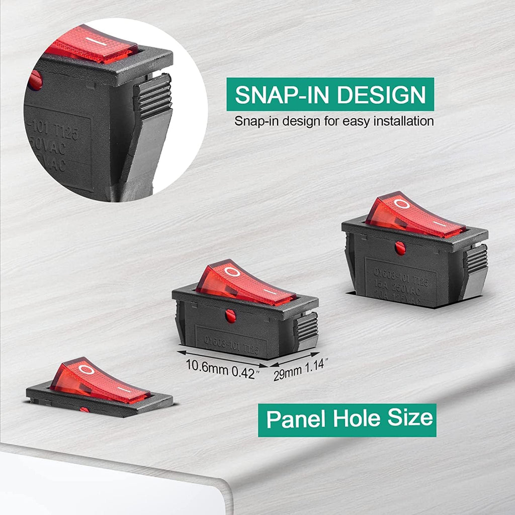 [ Pack of 2 - Pieces ] 15 Ampere 250V/20A 125V 3 Pin Industrial Grade 2 Position Mini Boat Toggle Snap AC Rocker Switch KCD3 Red Light Illuminated LED ON/OFF