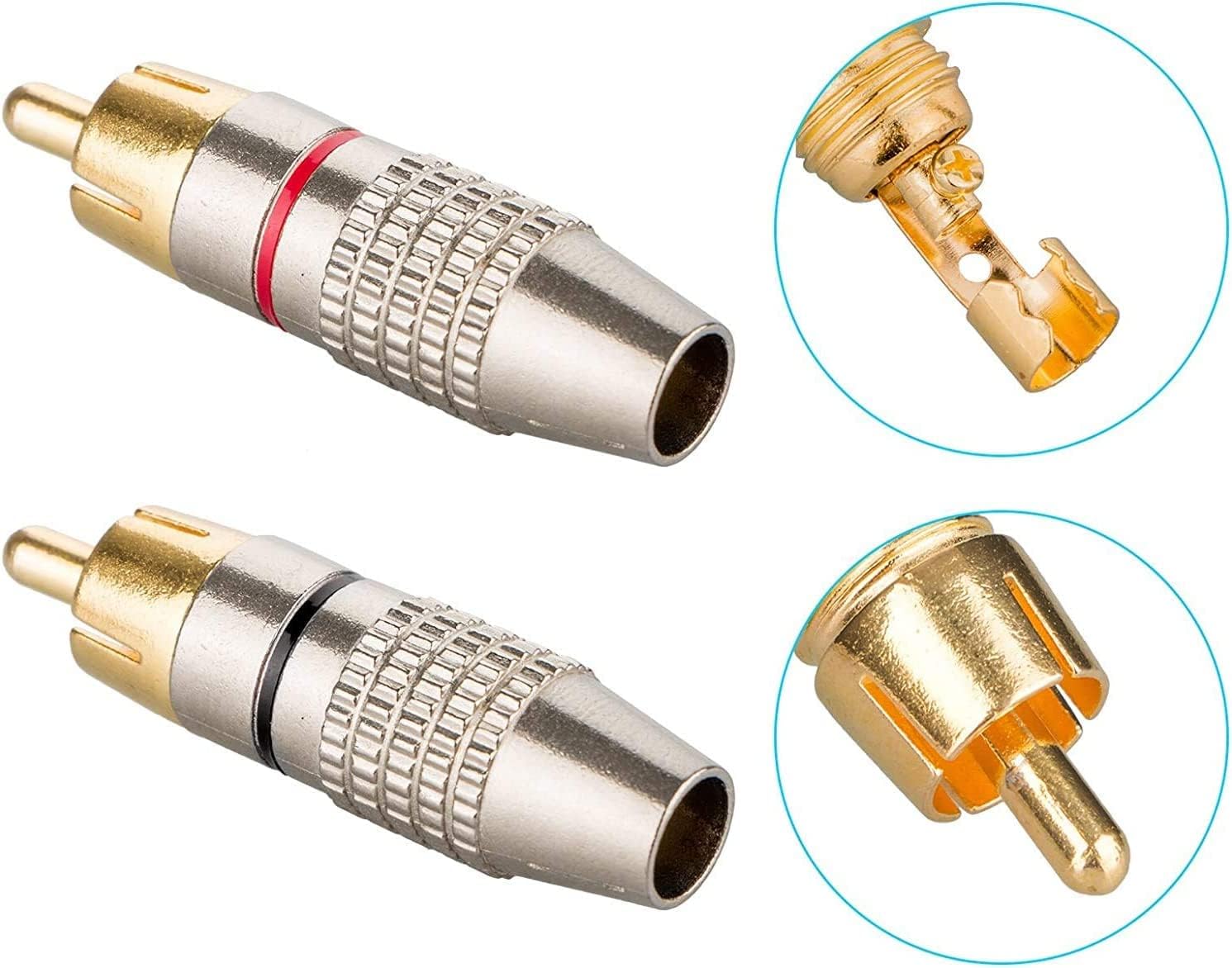 [ 20 Pieces ; 10 Black & 10 Red Colour ] RCA Plug Solder Gold Audio Video Cable Connector, Soldering Connectors for Composite AV Audio and Video Cables