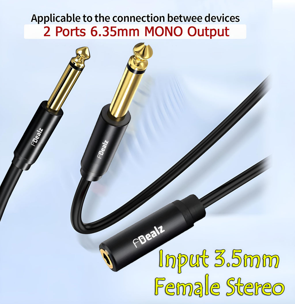 [ 1.5 Meter ] 3.5mm Stereo Female to 2 Ports 6.35 Male Mono Cable, 3.5mm 1/8 TRS Female to Dual 6.35mm 1/4 TS Male Stereo to Mono Y Splitter Cable, 3.5 Female to 2 Ports 6.35 Male Mono Cable
