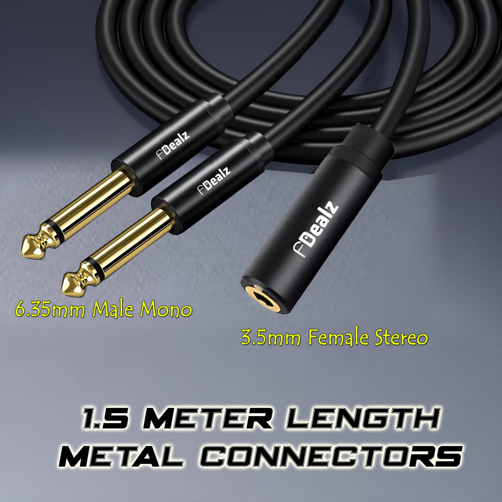[ 1.5 Meter ] 3.5mm Stereo Female to 2 Ports 6.35 Male Mono Cable, 3.5mm 1/8 TRS Female to Dual 6.35mm 1/4 TS Male Stereo to Mono Y Splitter Cable, 3.5 Female to 2 Ports 6.35 Male Mono Cable