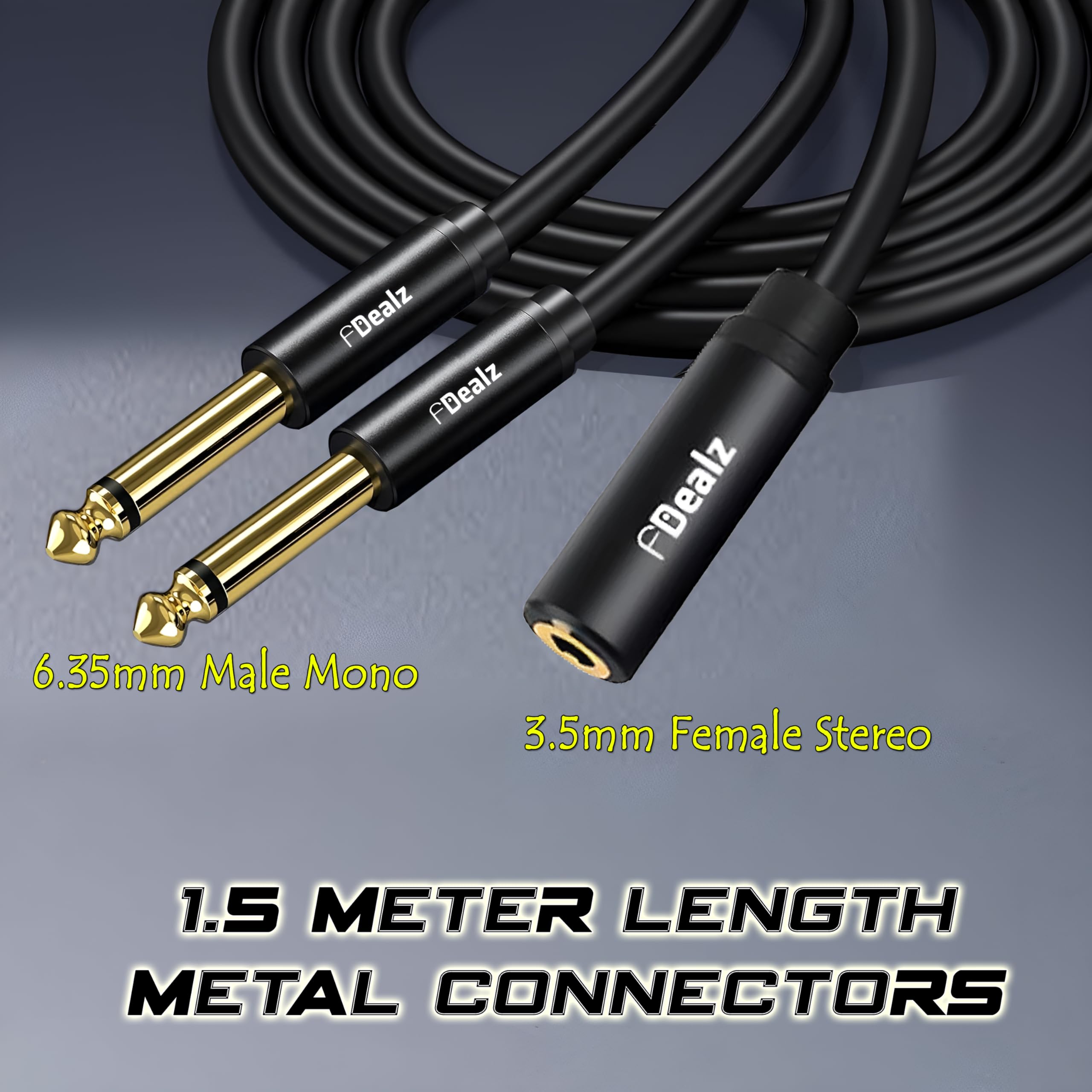[ 1.5 Meter ] 3.5mm Stereo Female to 2 Ports 6.35 Male Mono Cable, 3.5mm 1/8 TRS Female to Dual 6.35mm 1/4 TS Male Stereo to Mono Y Splitter Cable, 3.5 Female to 2 Ports 6.35 Male Mono Cable